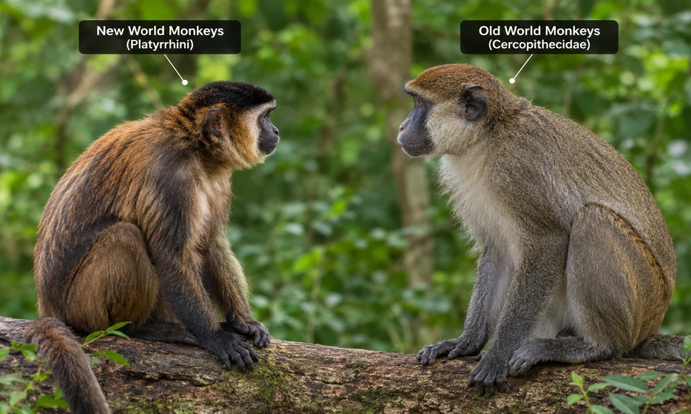 Comparison of New World and Old World monkeys sitting on a tree branch in a forest.