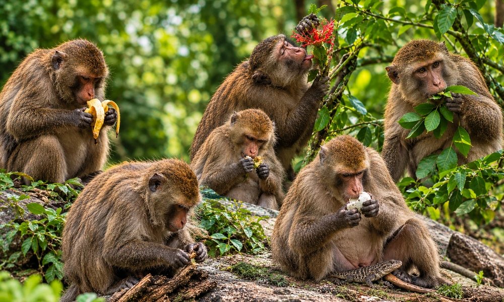 Group of monkeys eating bananas, flowers, leaves, and other foods in a forest.