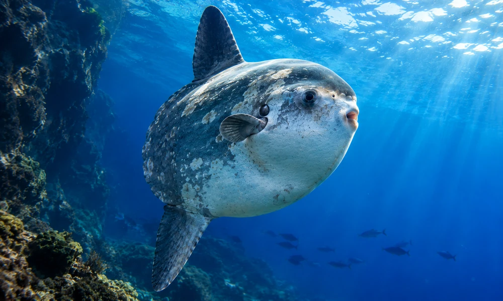 Large ocean sunfish with mottled gray skin swimming through deep blue water near a rocky reef.