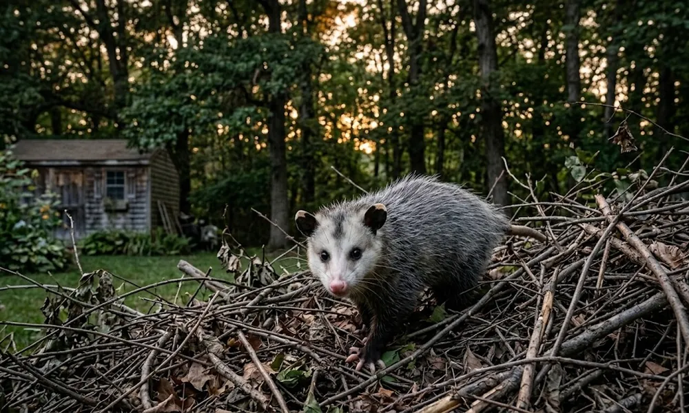 A gray opossum walks across a dewy lawn at dusk, with a dense green hedge behind it.