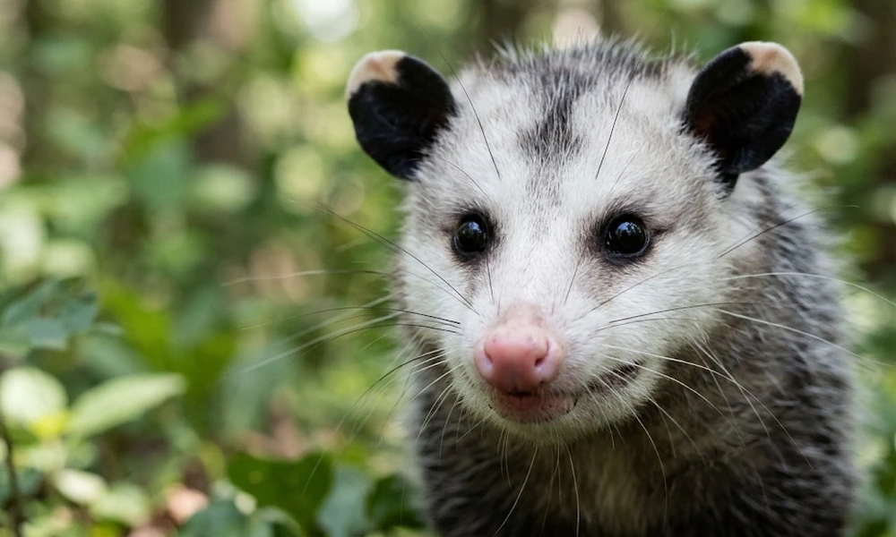 Close-up of an opossum's white face with black ears, dark eyes and a pink nose, set against a blurred green forest.