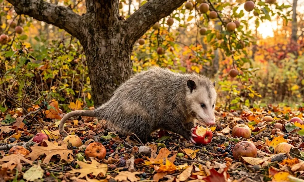 An opossum nibbles a red apple among fallen leaves, berries and windfall fruit beneath an apple tree in autumn.