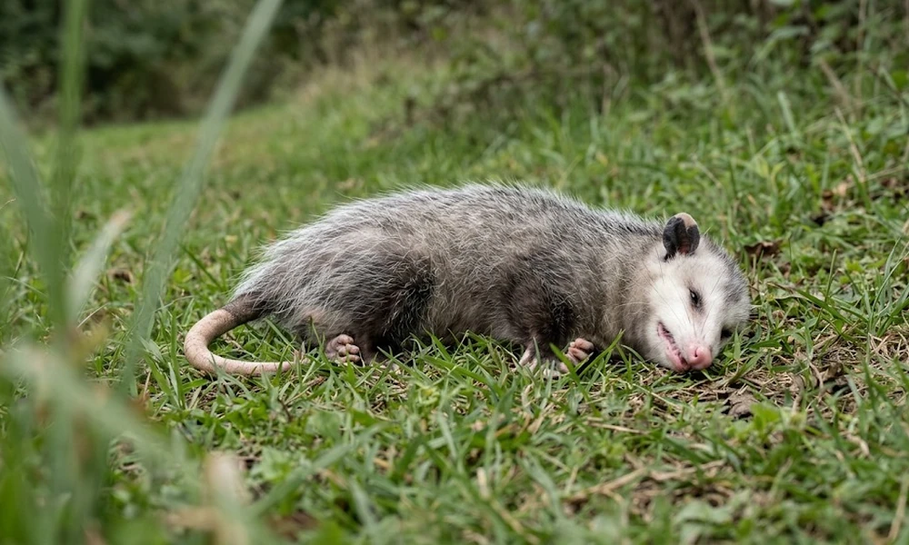 An opossum lies on its side in short green grass with its mouth slightly open and its tail curled behind it.