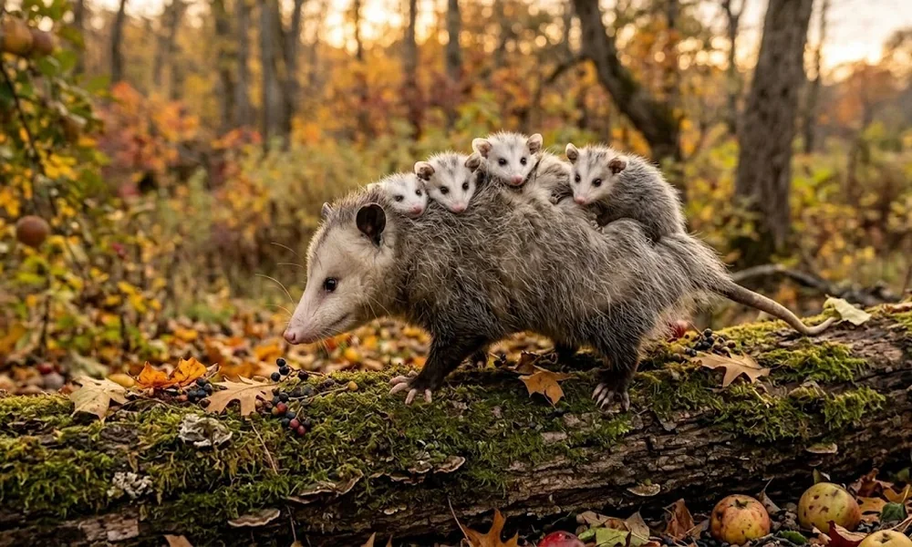 A mother opossum walks along a mossy fallen log with four young opossums riding on her back in an autumn forest.