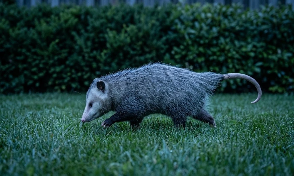 An opossum climbs over a pile of brush and fallen branches in a backyard, with a wooden shed and tall trees behind it at dusk.