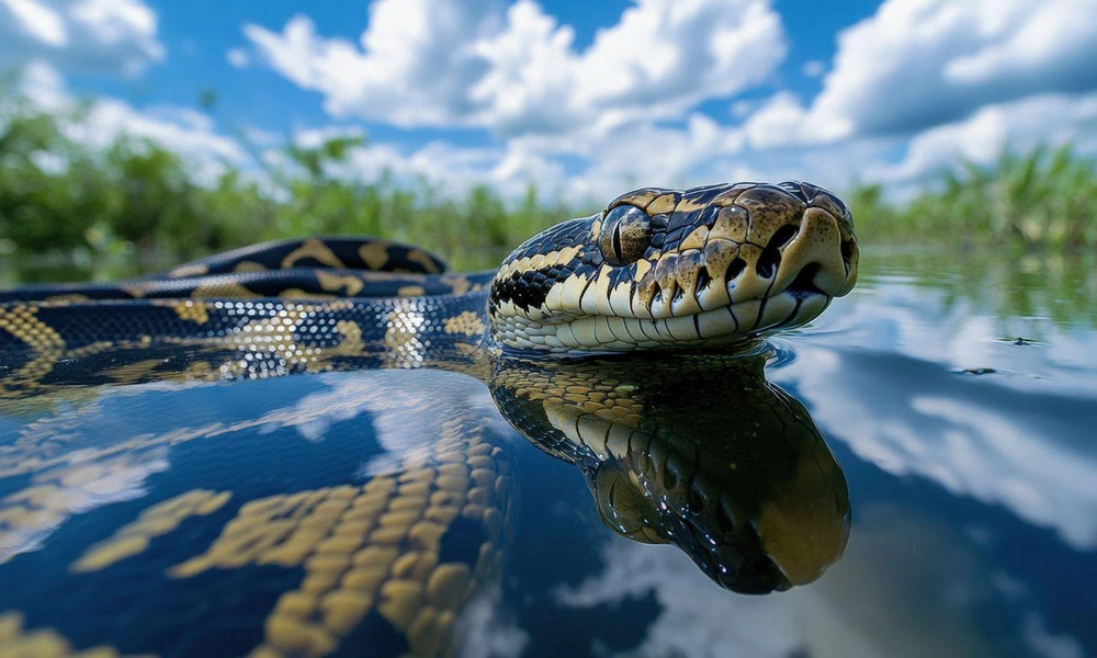 Burmese python resting beside a tropical wetland.