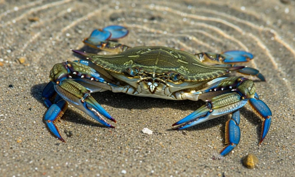 Blue crab walking across a shallow estuary floor.