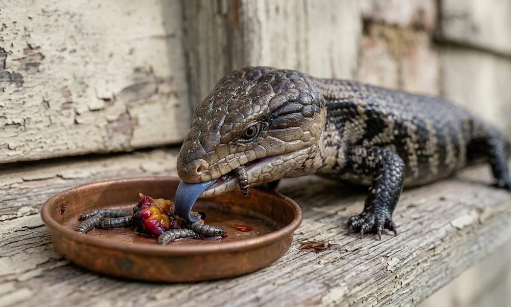 Blue-tongued skink with its blue tongue out, eating grubs from a small copper dish on a weathered wooden ledge.