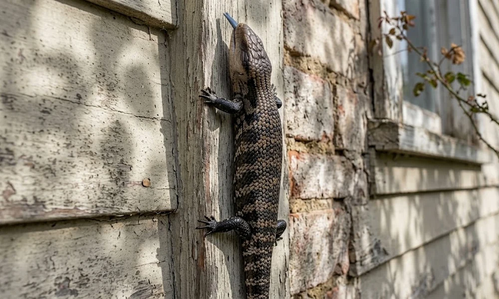 Dark blue-tongued skink climbing a peeling wooden wall beside a brick corner, its blue tongue flicking out above its head.