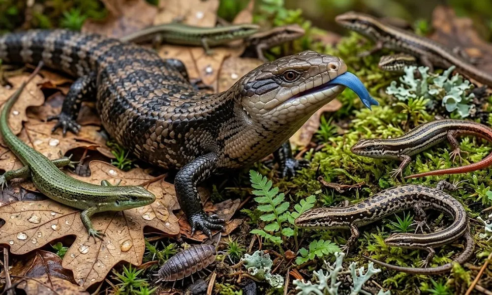 Large blue-tongued skink with several smaller skinks and an isopod among fallen leaves, moss and lichen on the forest floor.