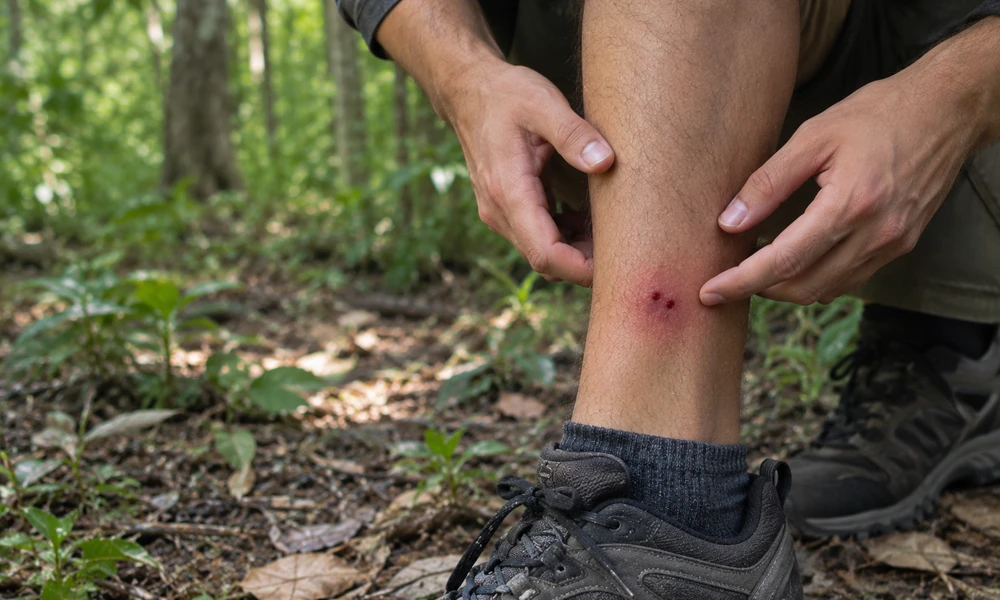 Hiker pointing to two small puncture marks on his lower leg after a snake bite