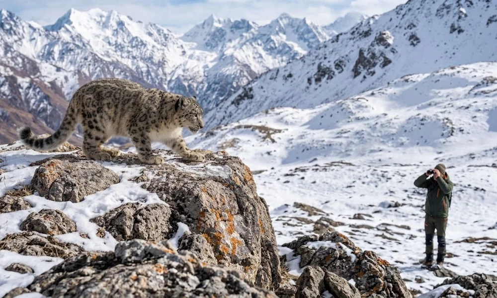 Snow leopard standing on a rocky outcrop with snow-covered mountains behind it, and a person in a green jacket looking through binoculars on the snowy slope to the right.