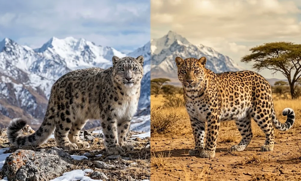 Side-by-side comparison of a snow leopard standing on a snowy mountain slope on the left and a leopard standing on dry savanna ground with an acacia tree on the right.