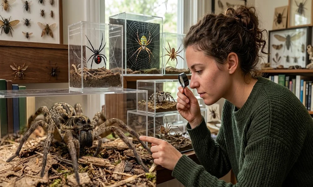 Woman studying spiders in glass enclosures with a magnifying glass, including a wolf spider, a black widow and an orb-weaver.