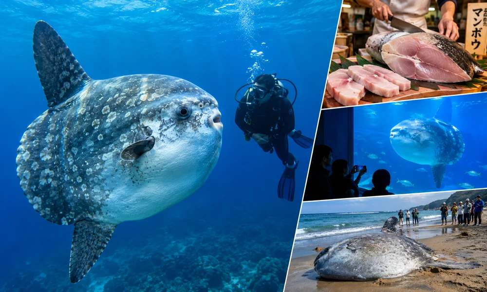 Ocean sunfish swimming beside a diver, displayed in an aquarium, featured in food markets, and observed by people on a beach.