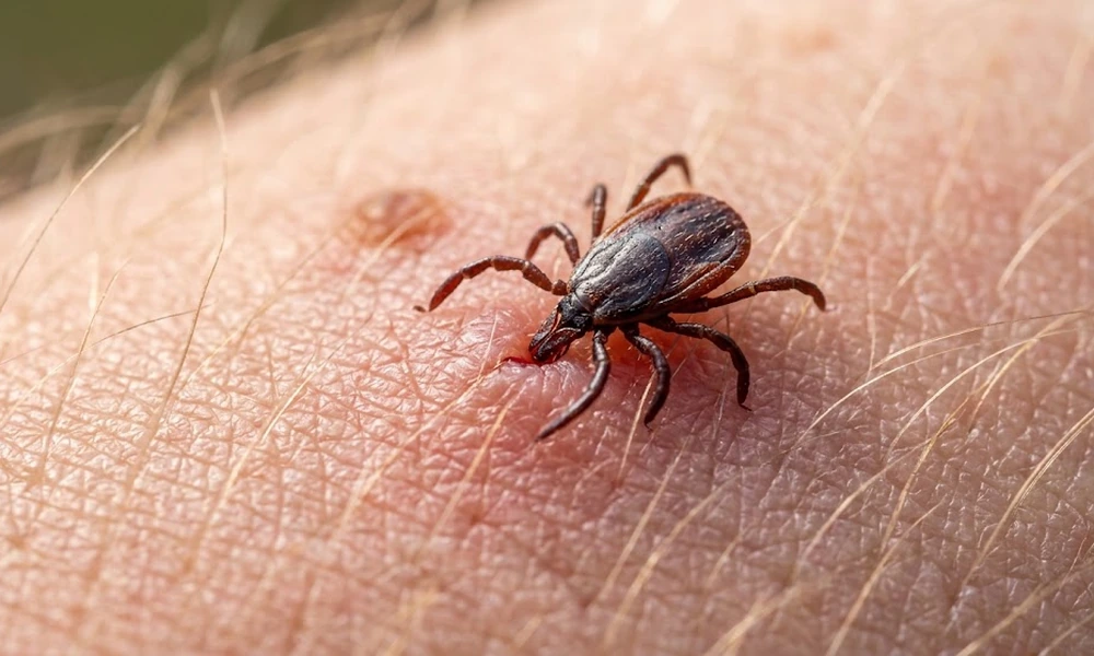 Close-up of a dark brown tick attached to human skin, illustrating tick bites and how ticks feed on their hosts.