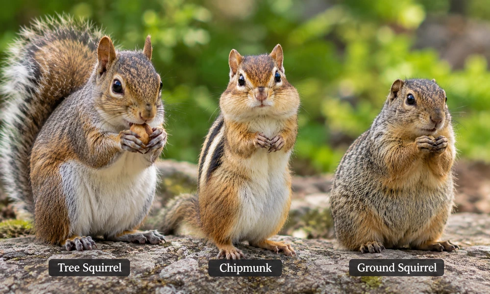 Tree squirrel, chipmunk, and ground squirrel shown side by side for comparison.