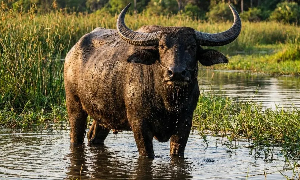 Water buffalo standing in a shallow wetland.