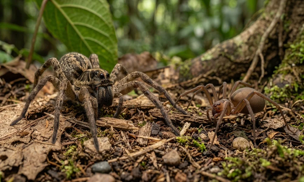 Wolf spider vs. brown recluse side by side on a forest floor, showing the wolf spider’s stocky hairy body and the recluse’s slim legs.