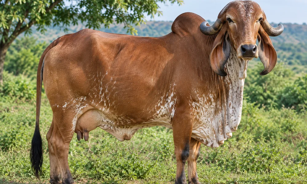 Brown Gir cow with white patches, curved horns and long drooping ears on a grassy hillside