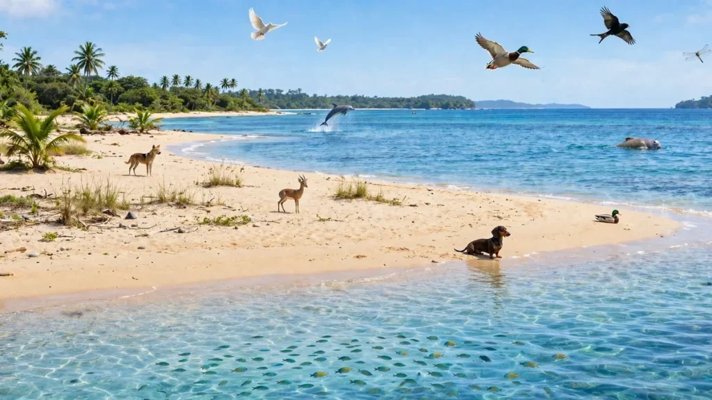 Animals that start with the letter D on a tropical beach, with birds flying overhead and marine animals swimming in the sea.