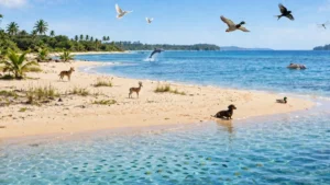 Animals that start with the letter D on a tropical beach, with birds flying overhead and marine animals swimming in the sea.