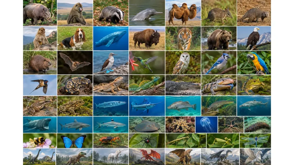 Collage of Animals That Start With the Letter B, including a badger, bison, Bengal tiger, blue whale and blue jay