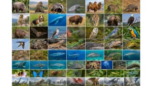 Collage of Animals That Start With the Letter B, including a badger, bison, Bengal tiger, blue whale and blue jay
