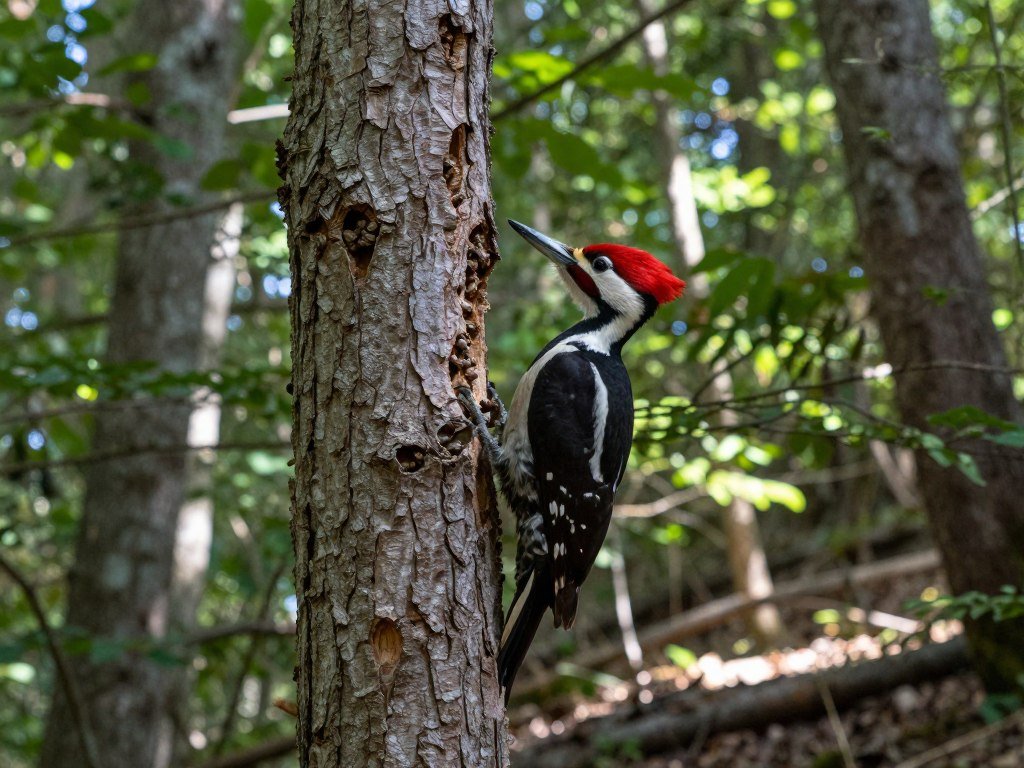 A pileated woodpecker searches a forest tree for insects A pileated woodpecker searches a forest tree for insects