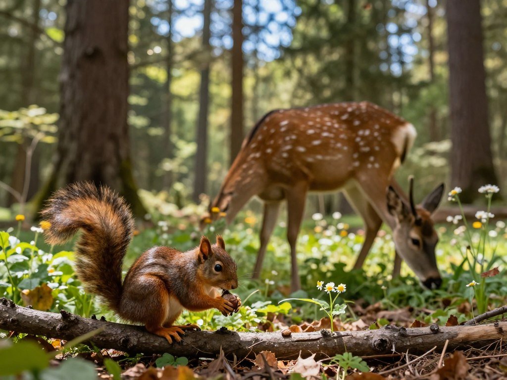 A squirrel and deer use different forest layers for food A squirrel and deer use different forest layers for food