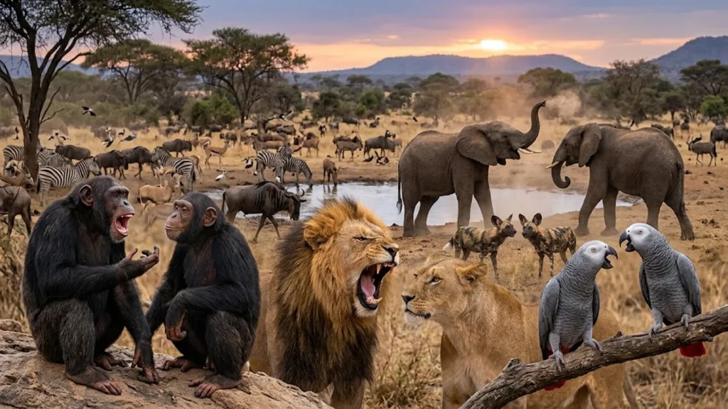 Animals communicating with each other on an African savanna, including chimpanzees, a lion and parrots.