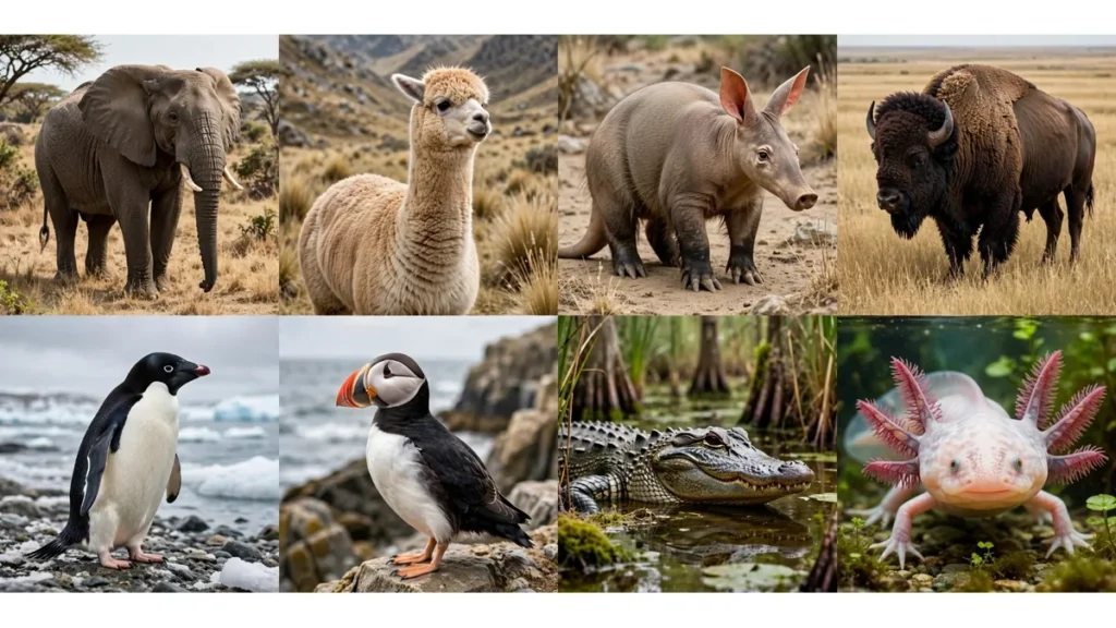 Collage of animals that start with the letter A: an African bush elephant, an alpaca, an aardvark, an American bison, an Adélie penguin, an Atlantic puffin, an alligator and an axolotl