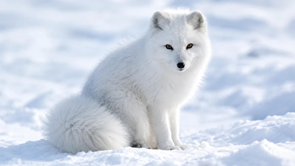 Arctic fox: White Arctic fox sitting alone on a snowy landscape and looking toward the camera.