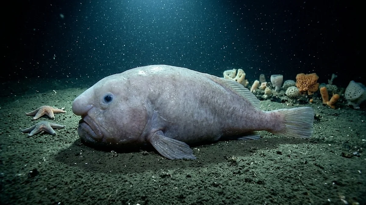 Pink blobfish resting on a dark seafloor with two starfish and orange sponges nearby