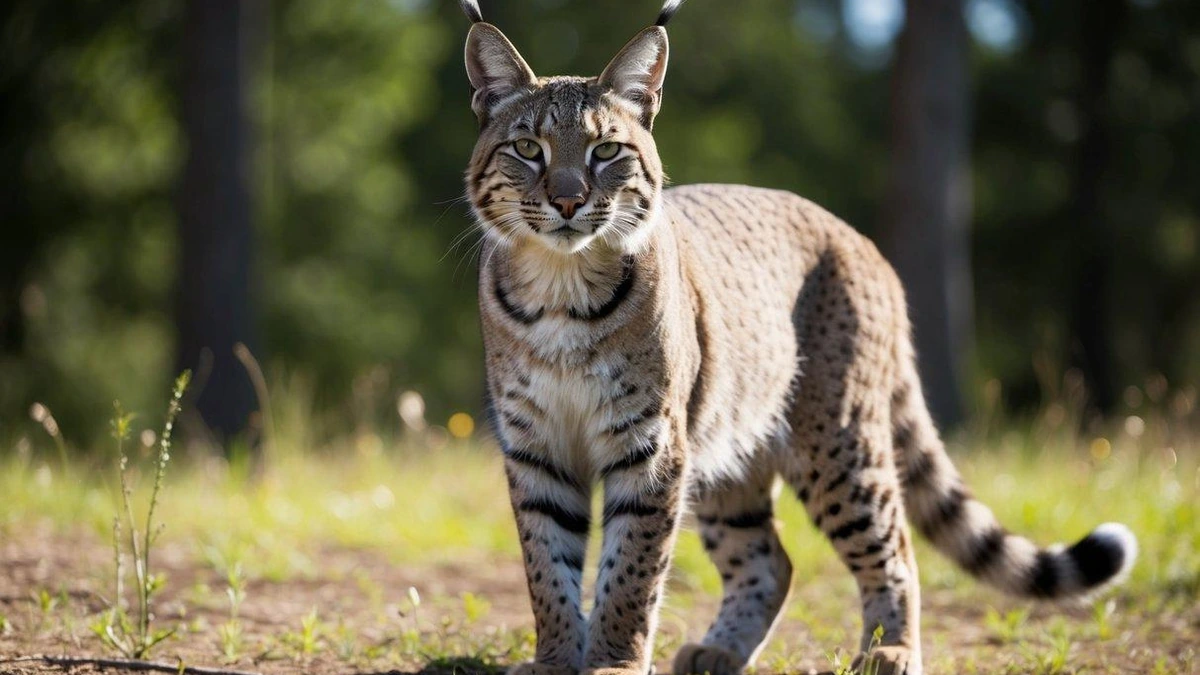 Bobcat standing in a natural forest clearing with its spotted coat and short tail.