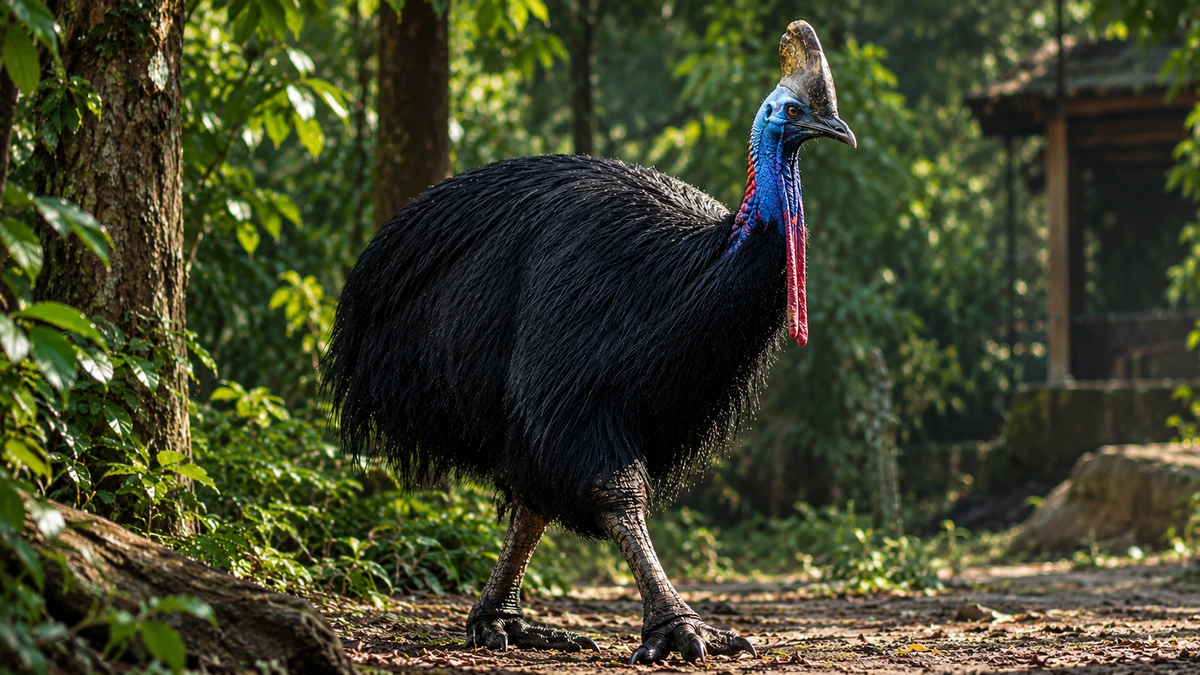 A cassowary walking through a tropical rainforest with its head raised and powerful legs visible.