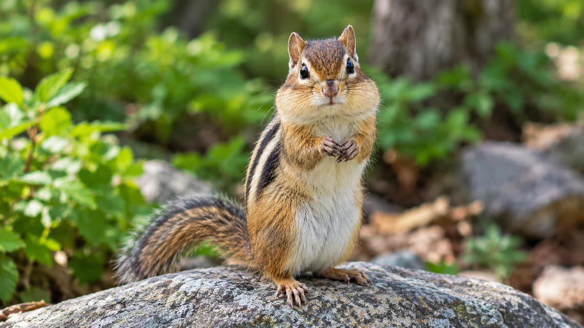A chipmunk sitting on a rock and looking directly at the camera in a green forest.