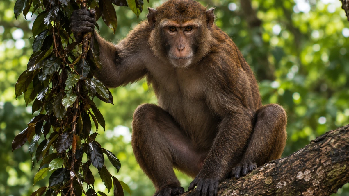 Monkey sitting on a tree branch in a lush green forest.