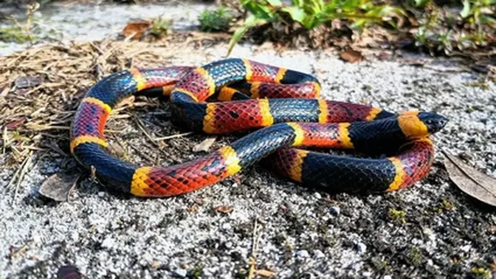 Eastern coral snake coiled on rough gray gravel with scattered pine needles and green plants behind it, showing its bright red, black, and yellow bands and black head.