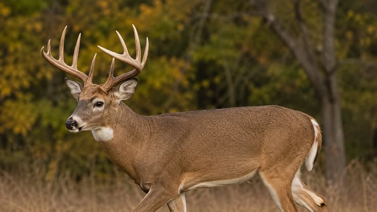 Male white-tailed deer with large antlers walking through dry grass at the edge of an autumn forest