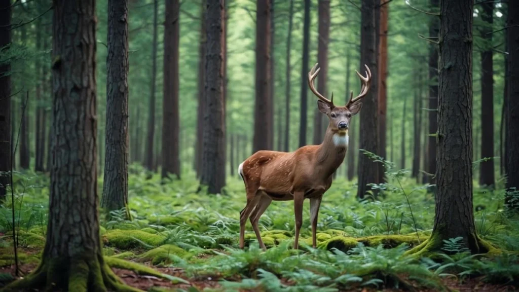 Deer standing in a green forest among tall trees and ferns