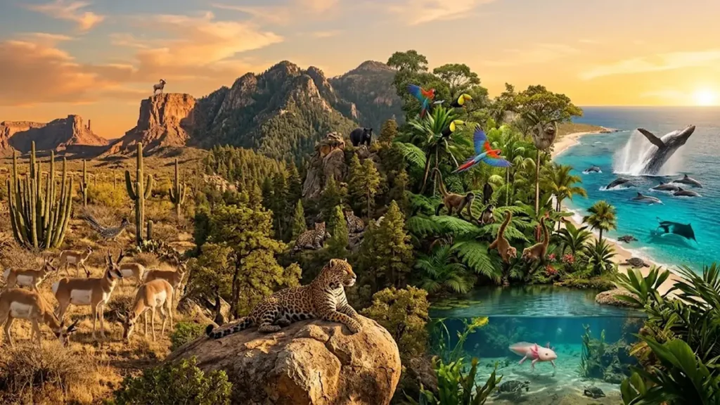 Illustrated landscape of Mexico's habitats, with a jaguar on a rock, pronghorn in the desert, macaws and toucans in the rainforest, an axolotl in a clear lake and a humpback whale breaching in the ocean