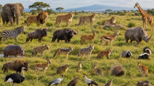 Lion, African elephant, zebra, giraffe, and cheetah known for their unique features in grassland habitats.