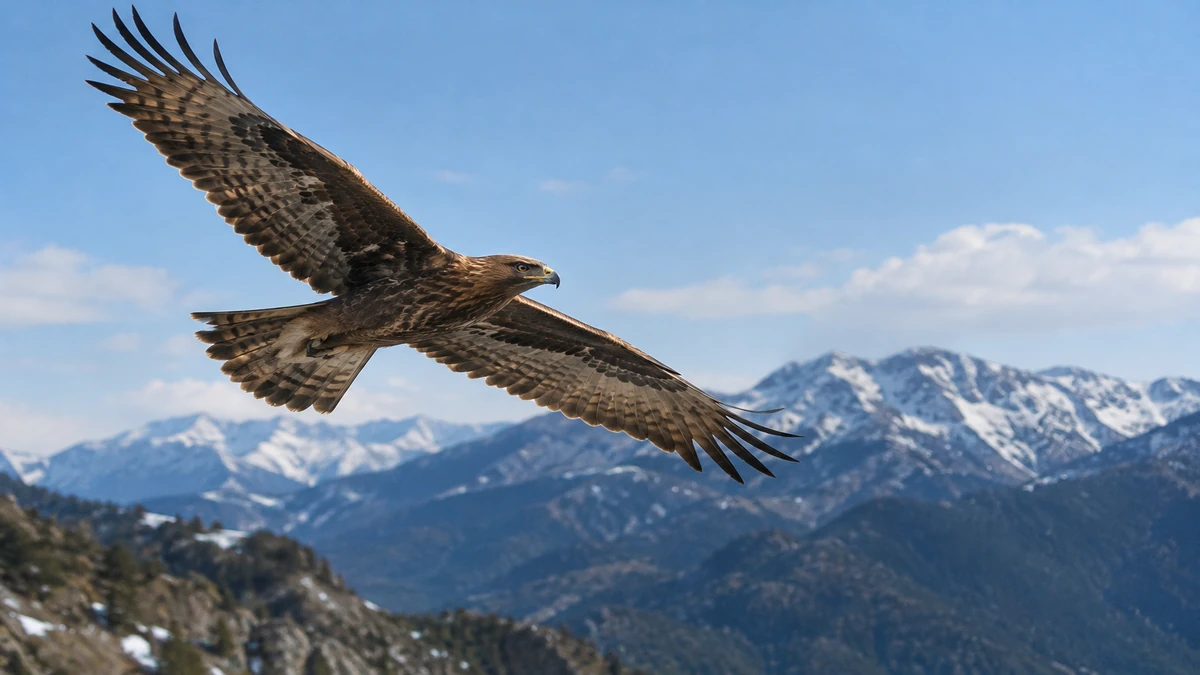 Hawk soaring with outstretched wings above snow-covered mountains and a blue sky.