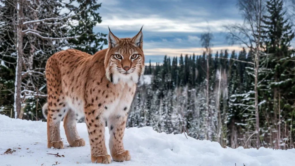 Eurasian lynx standing in a snow-covered spruce forest.