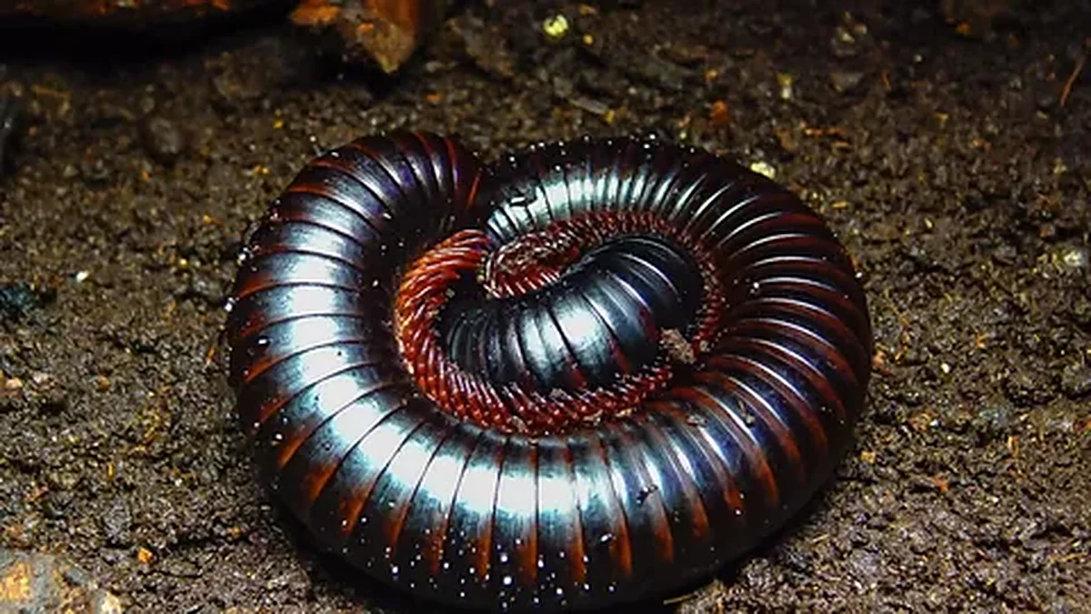 Dark glossy millipede with reddish-brown segment edges curled into a tight coil on brown soil