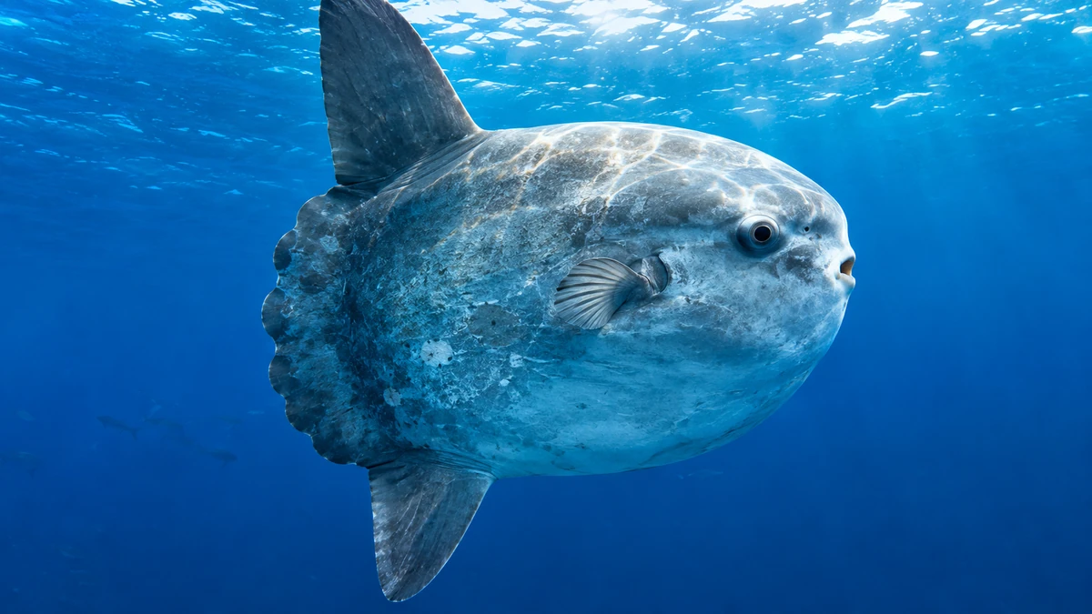Giant ocean sunfish (Mola mola) swimming through clear blue ocean water
