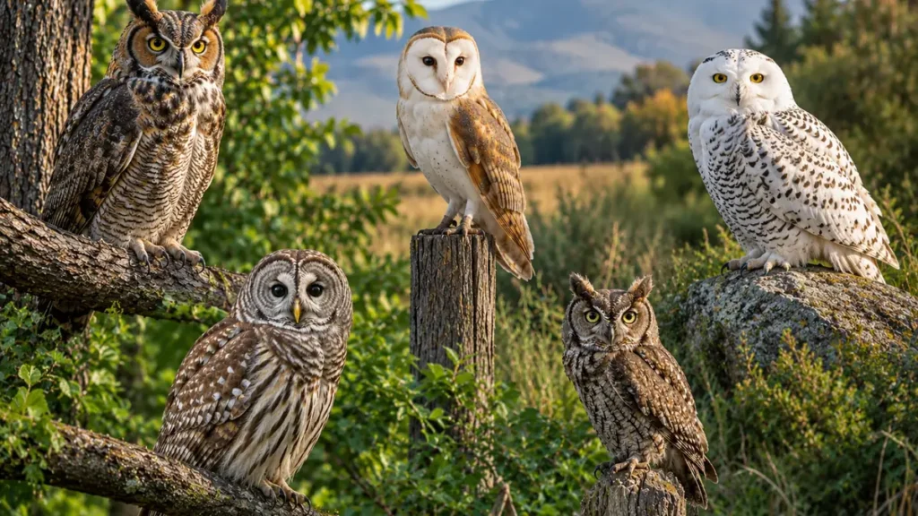 Five owl species perched together outdoors, including a great horned owl, barn owl, snowy owl, barred owl, and screech-owl