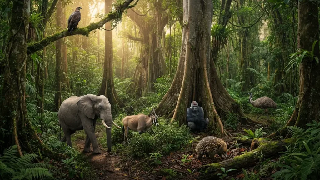 Popular Animals That Start With the Letter E in a misty rainforest: an eagle perched on a mossy branch, an elephant, an eland, an emu and an echidna on the forest floor, with a gorilla resting at the base of a large tree.