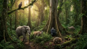 Popular Animals That Start With the Letter E in a misty rainforest: an eagle perched on a mossy branch, an elephant, an eland, an emu and an echidna on the forest floor, with a gorilla resting at the base of a large tree.